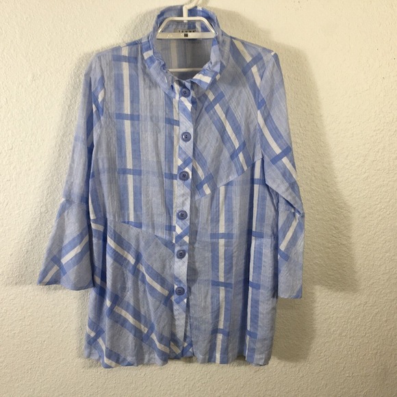 Terra SJ Apparel Shirt S Blue Plaid 3/4 Sleeve Cotton Blend Pockets Semi Sheer - Picture 1 of 11
